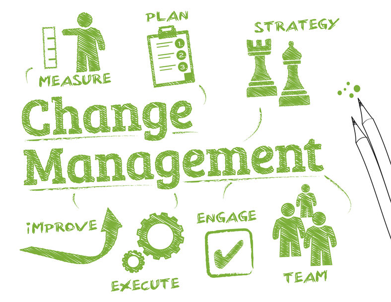 Change management. Chart with keywords and icons