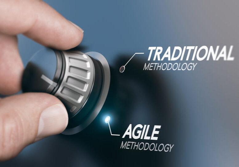 Man turning knob to changing project management methodology from traditional to agile PM. Composite image between a hand photography and a 3D background.